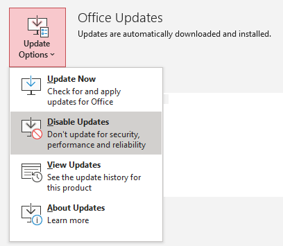 disable microsoft office updates